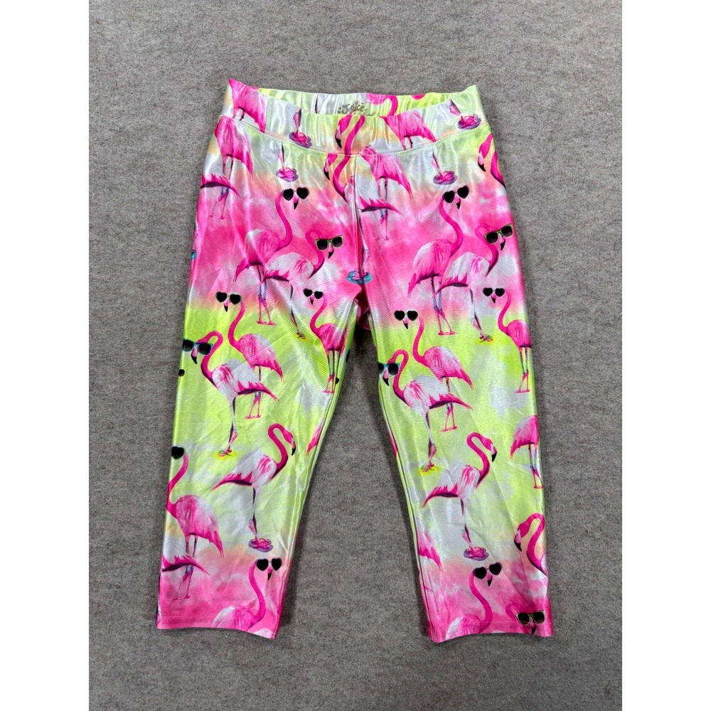 Justice Girls Pink Yellow Flamingo Print Capri Leggings Size 12 Stretch 451326